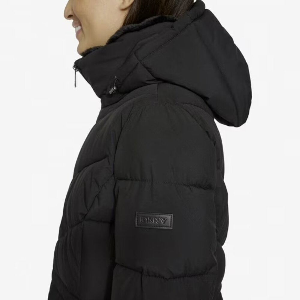 DKNY Women's Long Puffer Jacket Faux Fur Collar Removable Hood Size L Black NWT - Picture 5 of 15